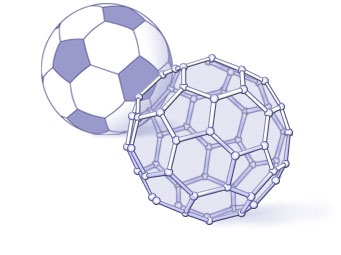 Illustration of a soccer ball and a representation of its geometric shape.