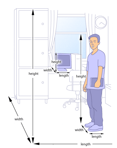 An illustration of a bedroom with length, height and width marked.